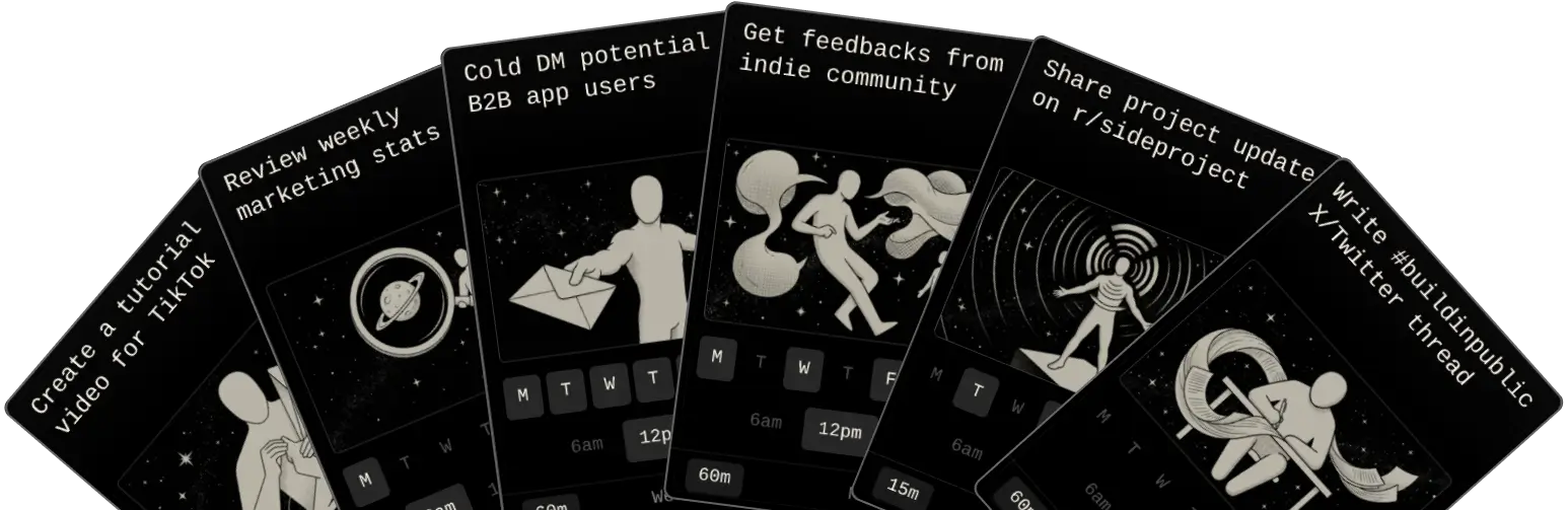 Marketing strategy card deck with daily tasks for Reddit, cold DMs, threads, and stats review